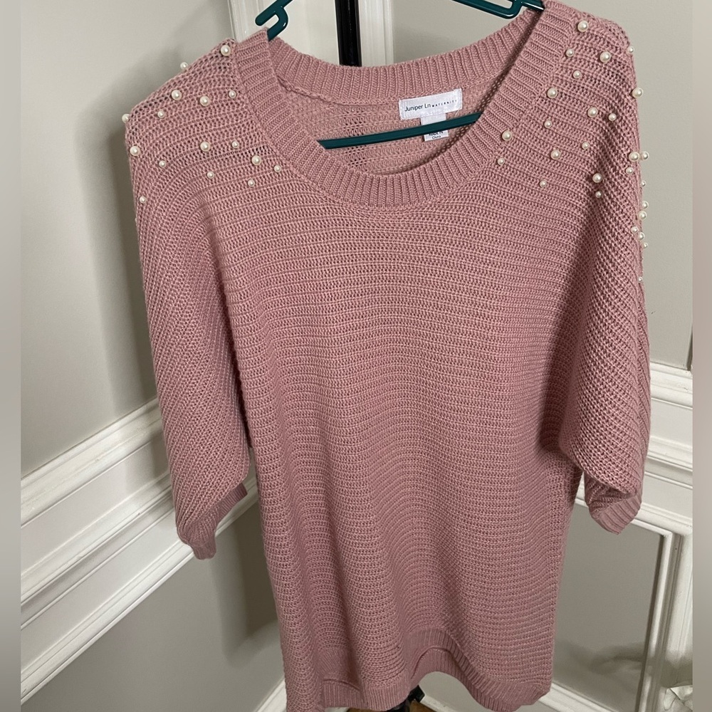 Elegant Pearl-Embellished Pink Sweater